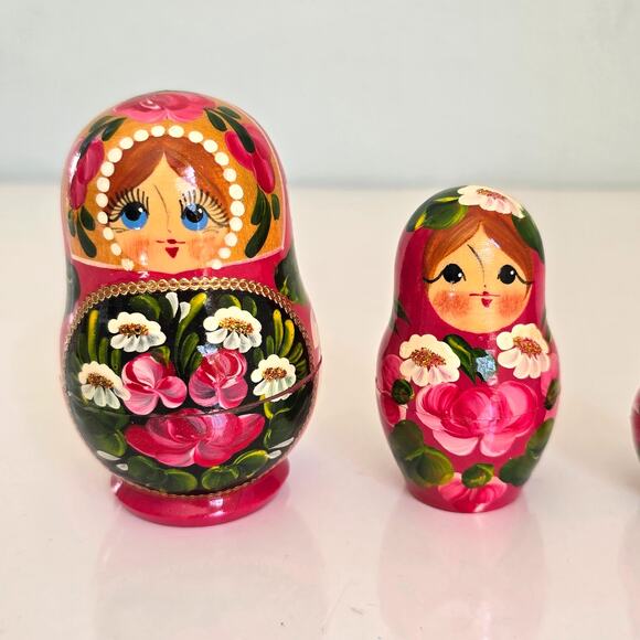 Russian Nesting Dolls Matryoshka Babushka Set of 5 Pink Gold Floral Signed Small - Picture 3 of 16